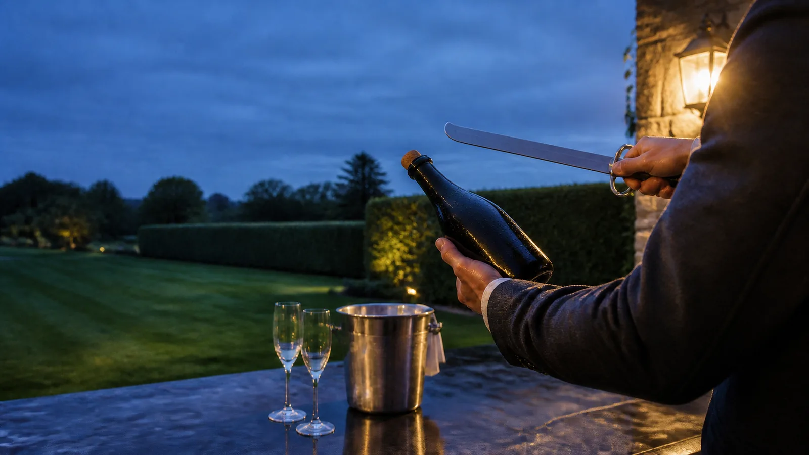 Champagneflaske og sløv sabel rettet mod en tom have ved skumring