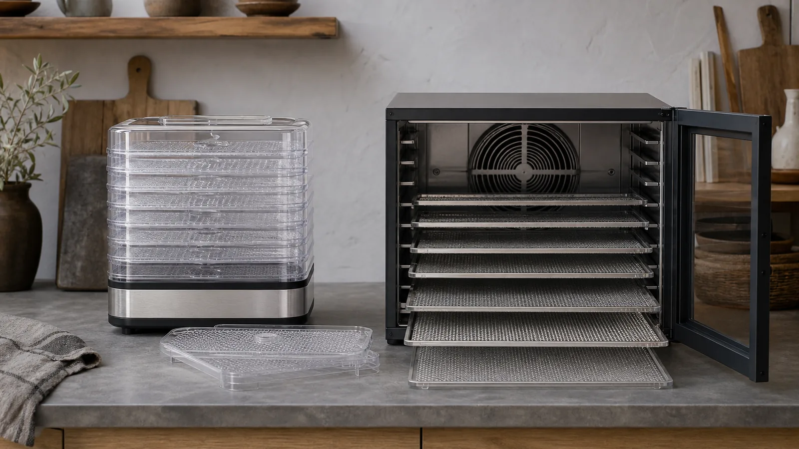 Stablet dehydrator ved siden af et åbent skuffekabinet med bagventilator