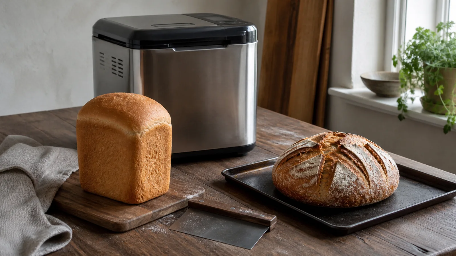 Højt maskinbrød og rundt ovnbrød ved en bagemaskine på et køkkenbord