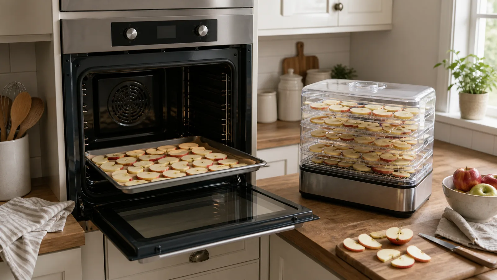 Friske æbleskiver fordelt mellem en ovnplade og bakkerne i en dehydrator