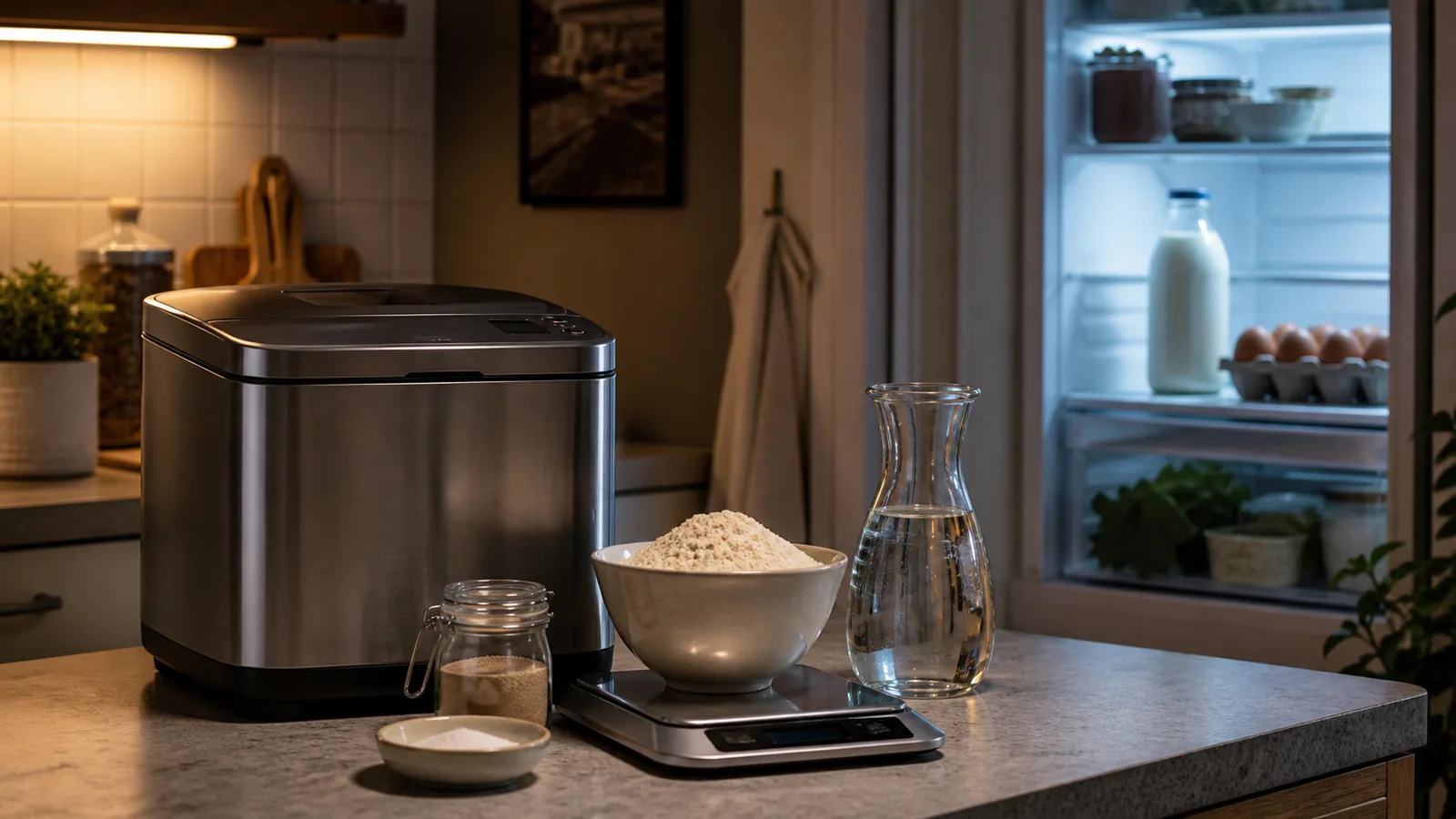 Mel, vand, salt og gær ved en bagemaskine med mælk og æg i køleskabet