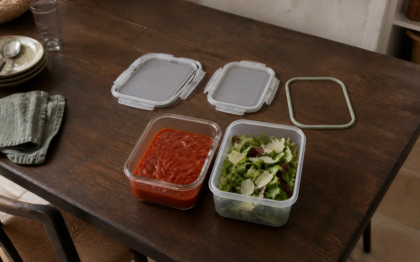 Madopbevaring i glas og plast med kompatible låg på et mørkt spisebord