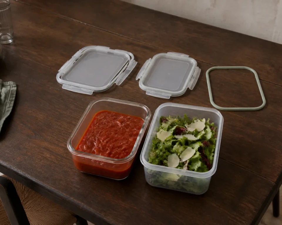 Madopbevaring i glas og plast med kompatible låg på et mørkt spisebord