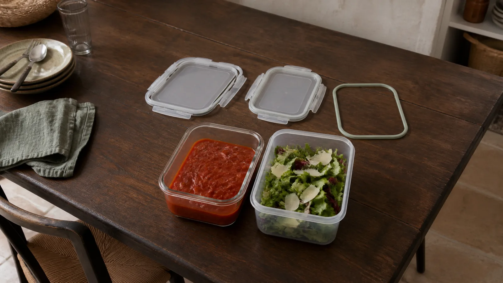 Madopbevaring i glas og plast med kompatible låg på et mørkt spisebord