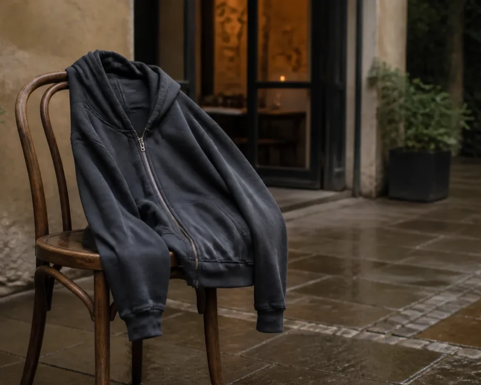 Tre mænd i zip-hoodies i en københavnsk gård