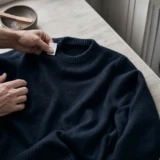 Hænder læser vaskemærket på en mørk uldtrøje ved vaskemaskinen