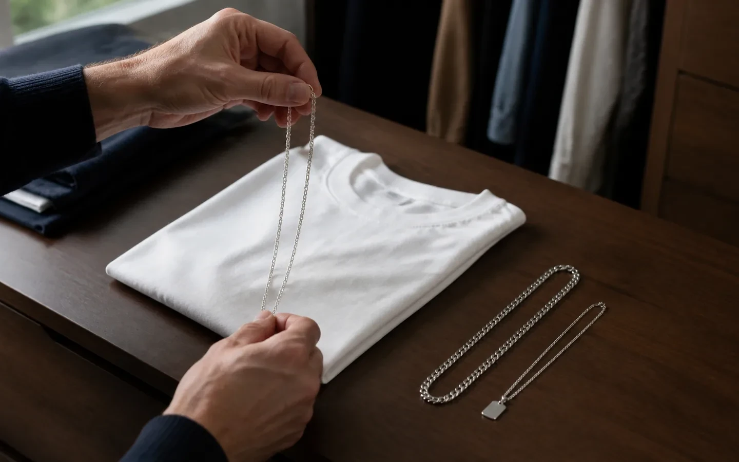 Hænder vælger mellem enkle sølvkæder ved en hvid T-shirt