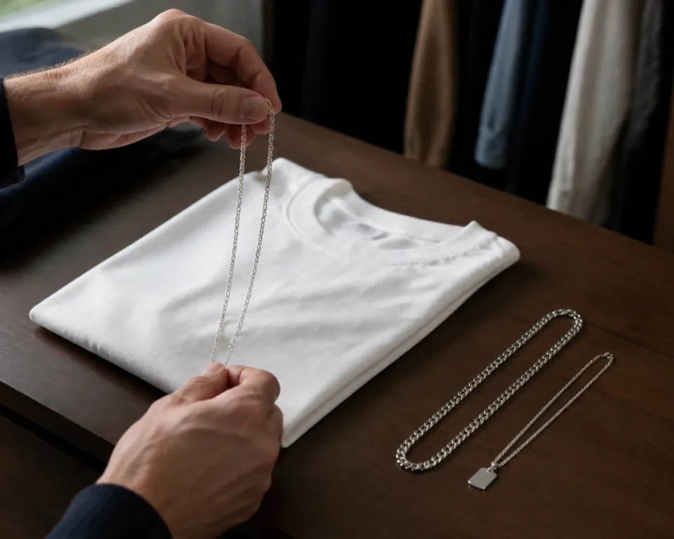 Hænder vælger mellem enkle sølvkæder ved en hvid T-shirt