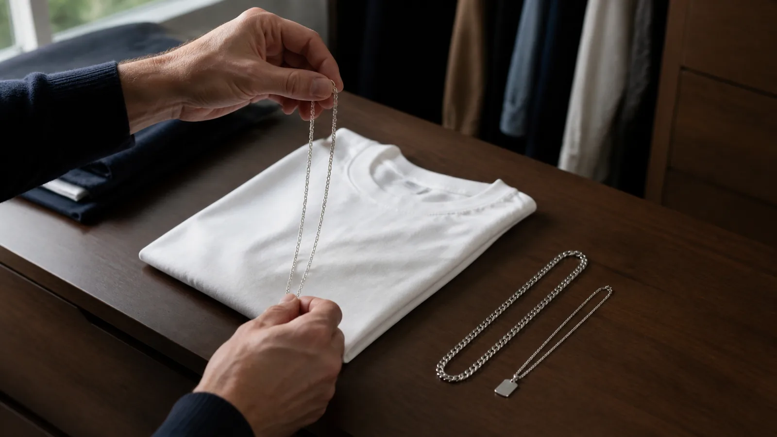 Hænder vælger mellem enkle sølvkæder ved en hvid T-shirt