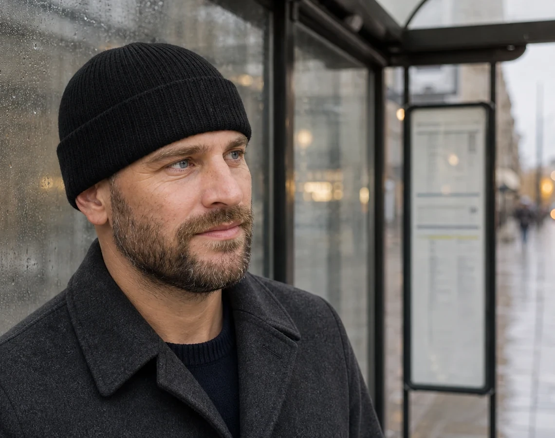 Joen i sort hue under et busskur på en regnfuld bygade