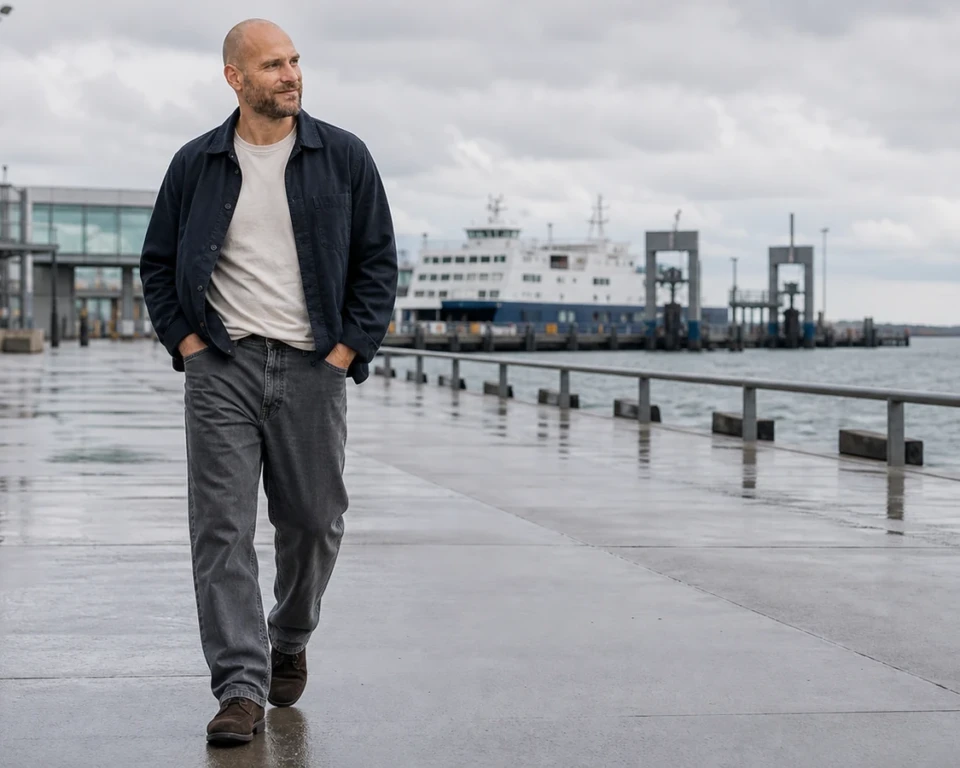 Joen går i grå relaxed fit jeans på en våd havnepromenade