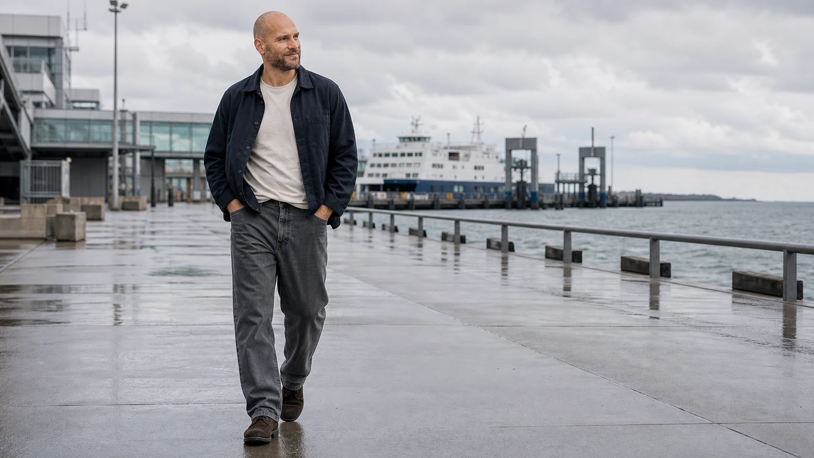 Joen går i grå relaxed fit jeans på en våd havnepromenade