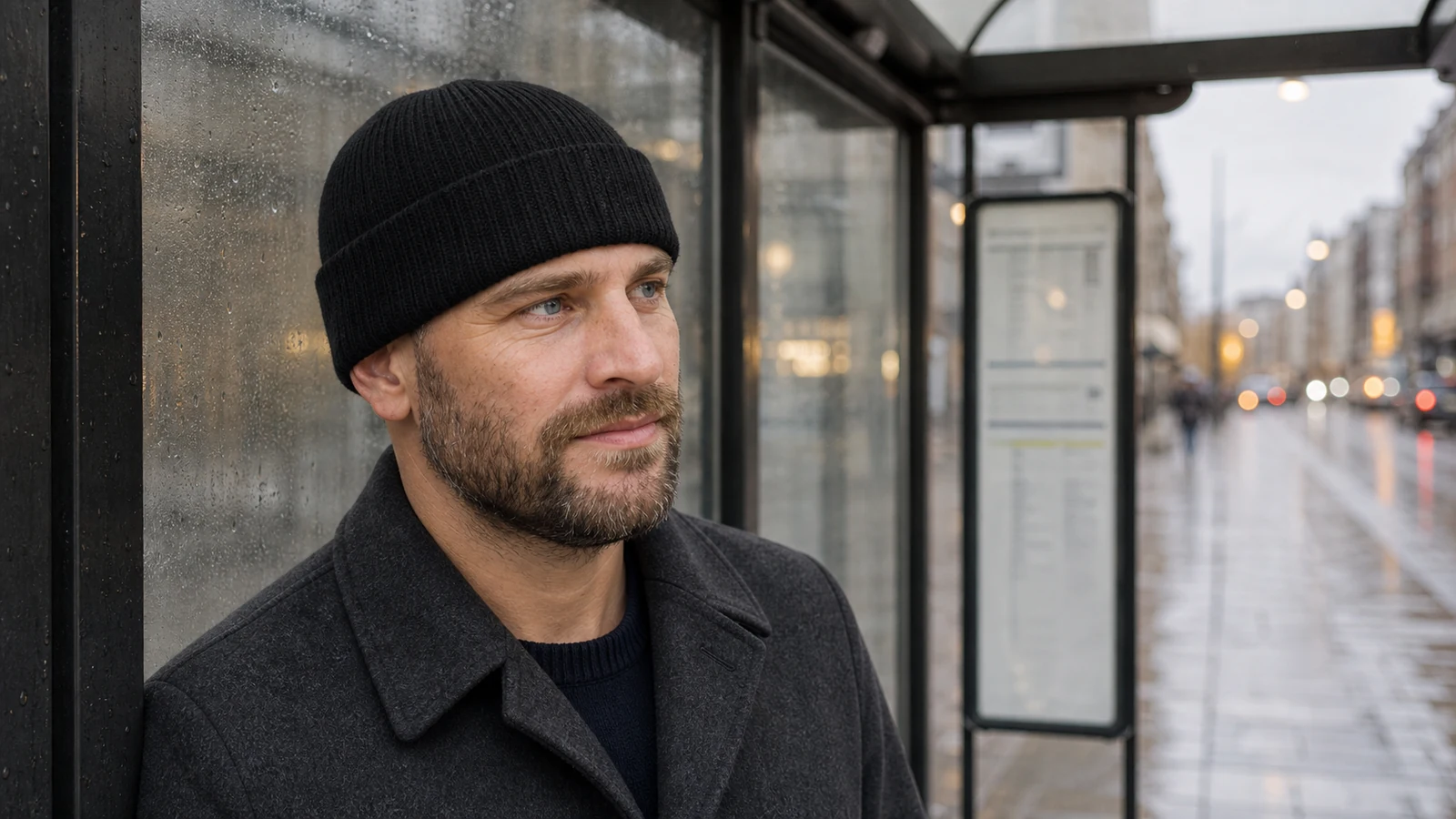 Joen i sort hue under et busskur på en regnfuld bygade