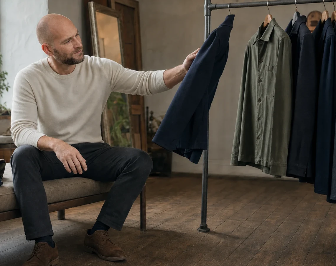 Joen sammenligner navy og oliven tøjfarver ved et garderobestativ
