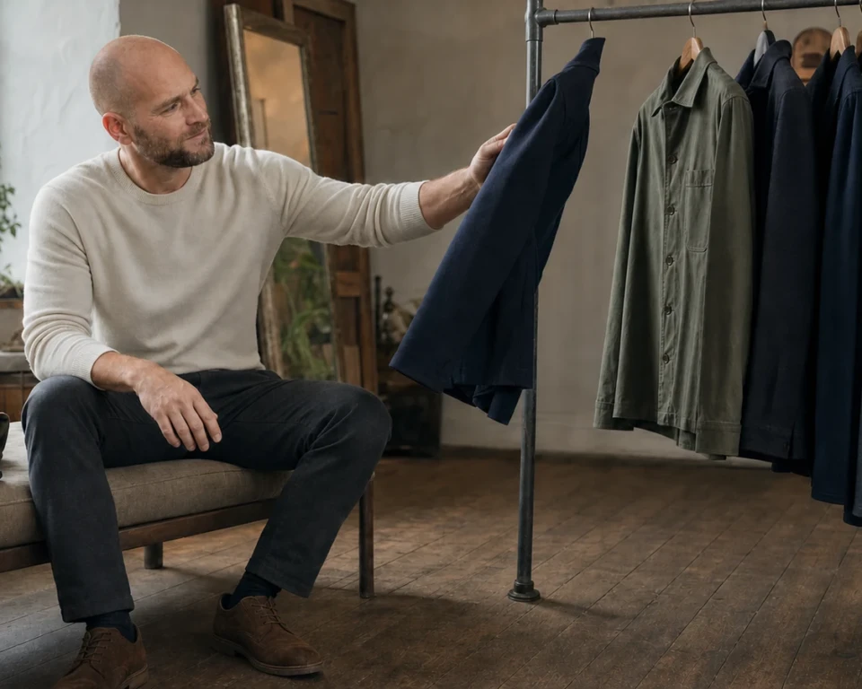 Joen sammenligner navy og oliven tøjfarver ved et garderobestativ