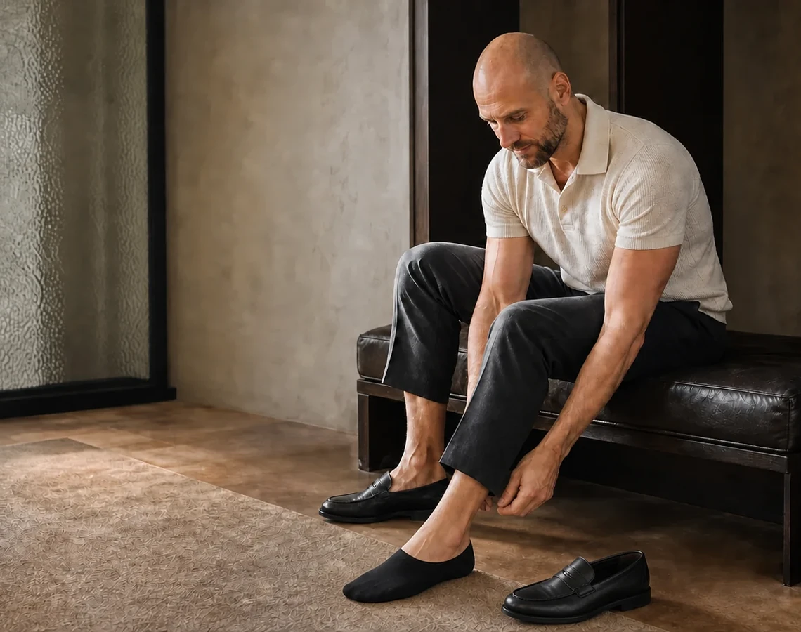 Joen tager en sort footie på ved siden af et par sorte loafers