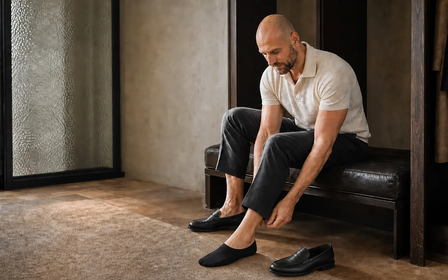Joen tager en sort footie på ved siden af et par sorte loafers