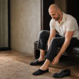 Joen tager en sort footie på ved siden af et par sorte loafers