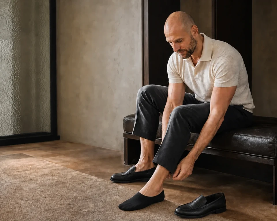 Joen tager en sort footie på ved siden af et par sorte loafers