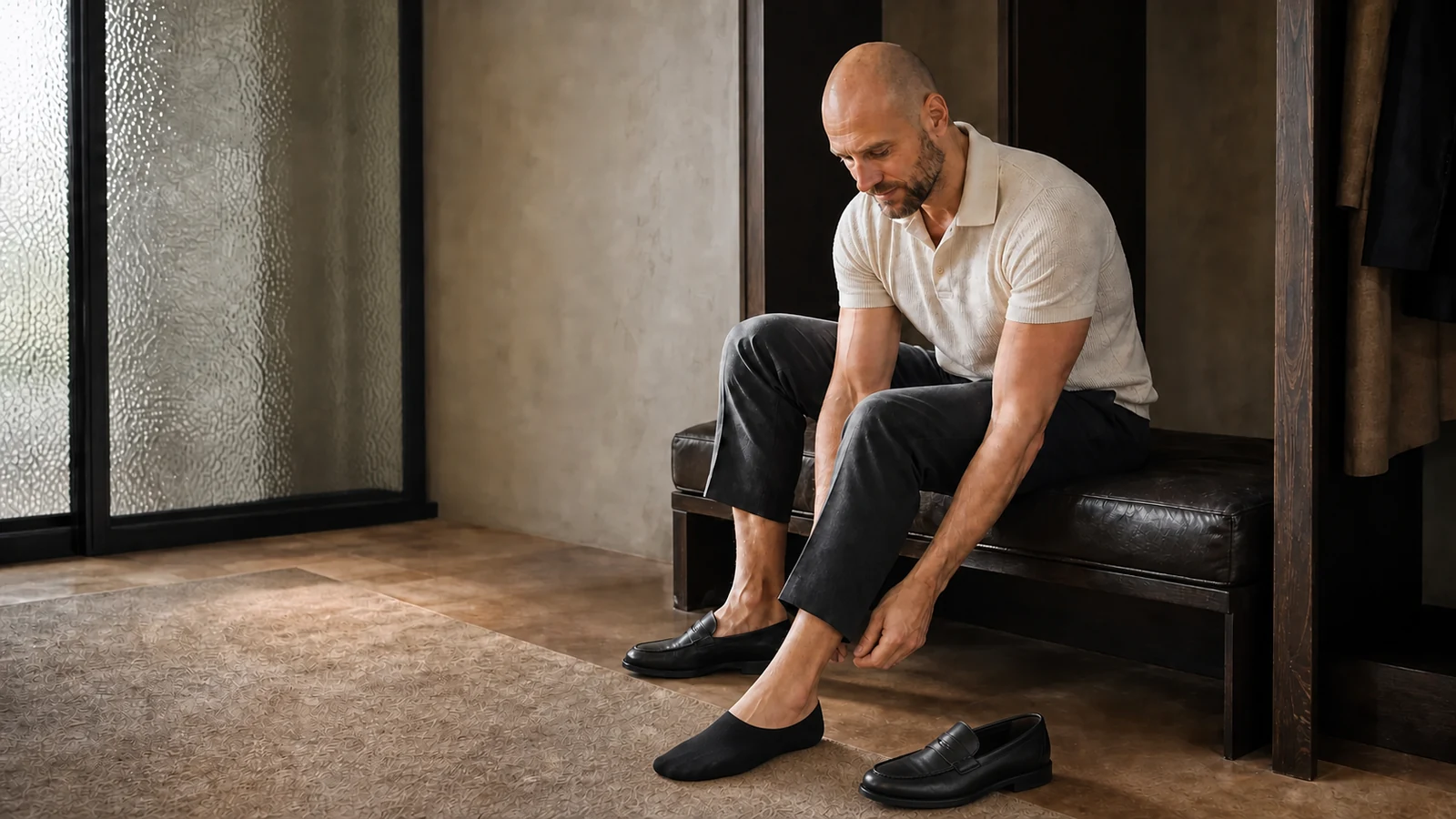 Joen tager en sort footie på ved siden af et par sorte loafers