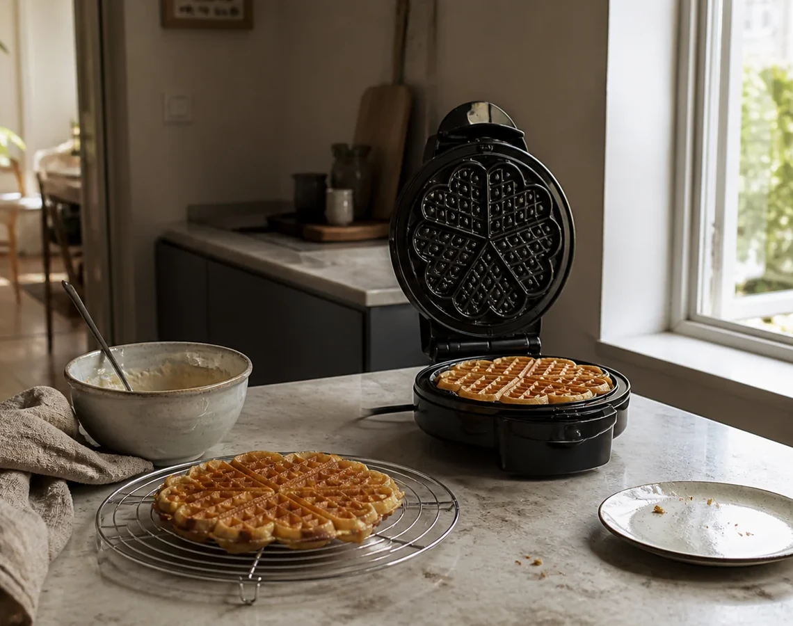 Åbent vaffeljern og frisk hjertevaffel på rist i et varmt morgenkøkken