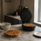 Åbent vaffeljern og frisk hjertevaffel på rist i et varmt morgenkøkken
