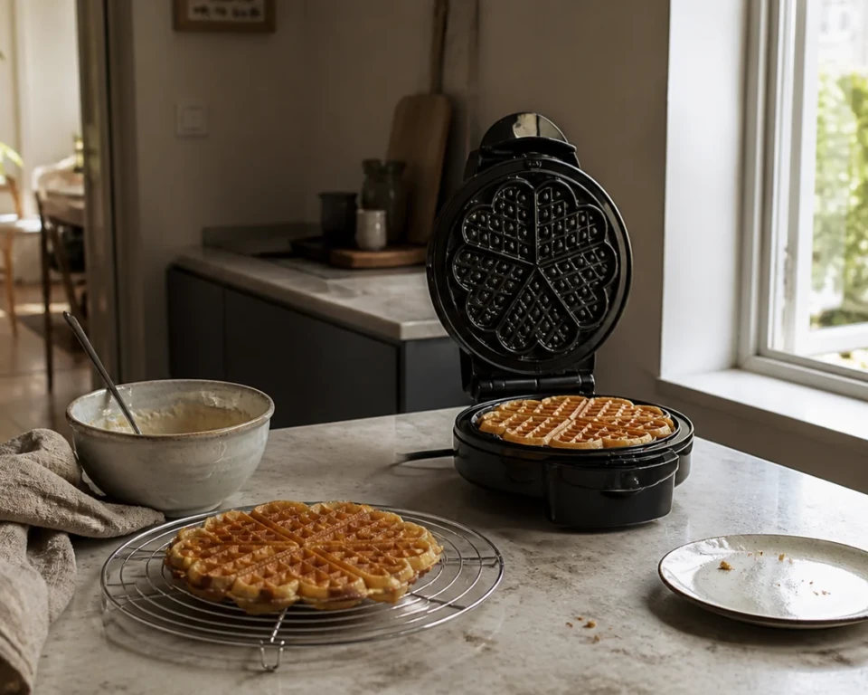 Åbent vaffeljern og frisk hjertevaffel på rist i et varmt morgenkøkken