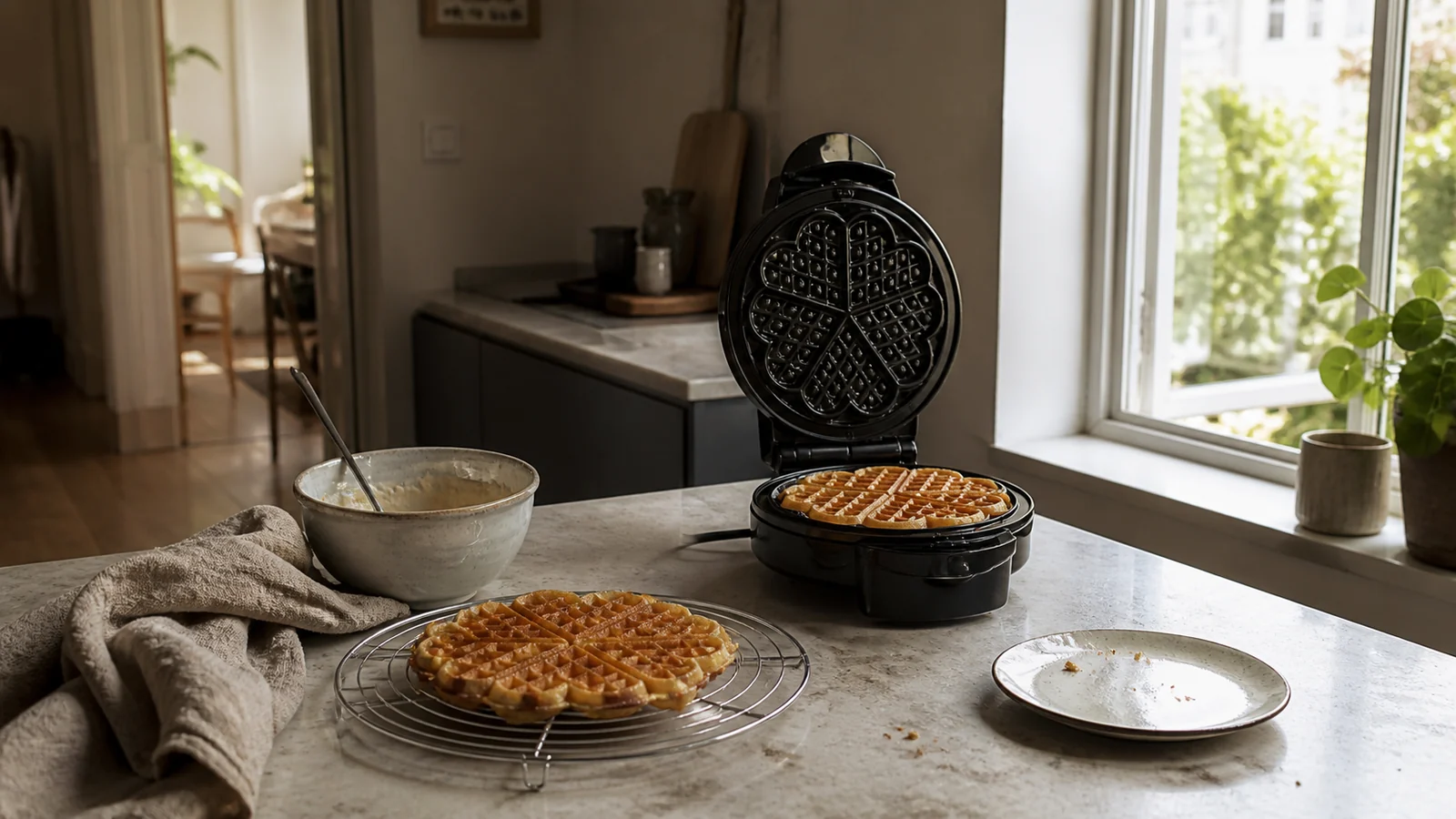 Åbent vaffeljern og frisk hjertevaffel på rist i et varmt morgenkøkken