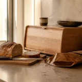 Brødkasse i træ på et køkkenbord med brød, kniv og kaffekop