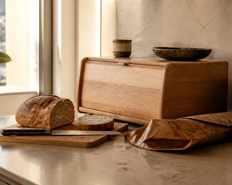 Brødkasse i træ på et køkkenbord med brød, kniv og kaffekop