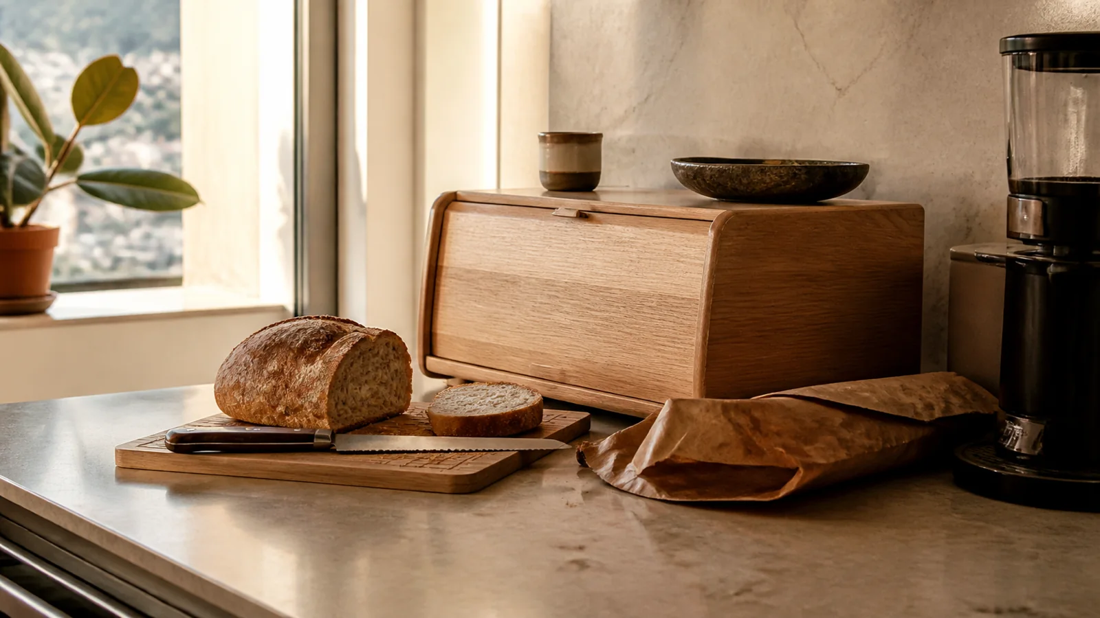 Brødkasse i træ på et køkkenbord med brød, kniv og kaffekop