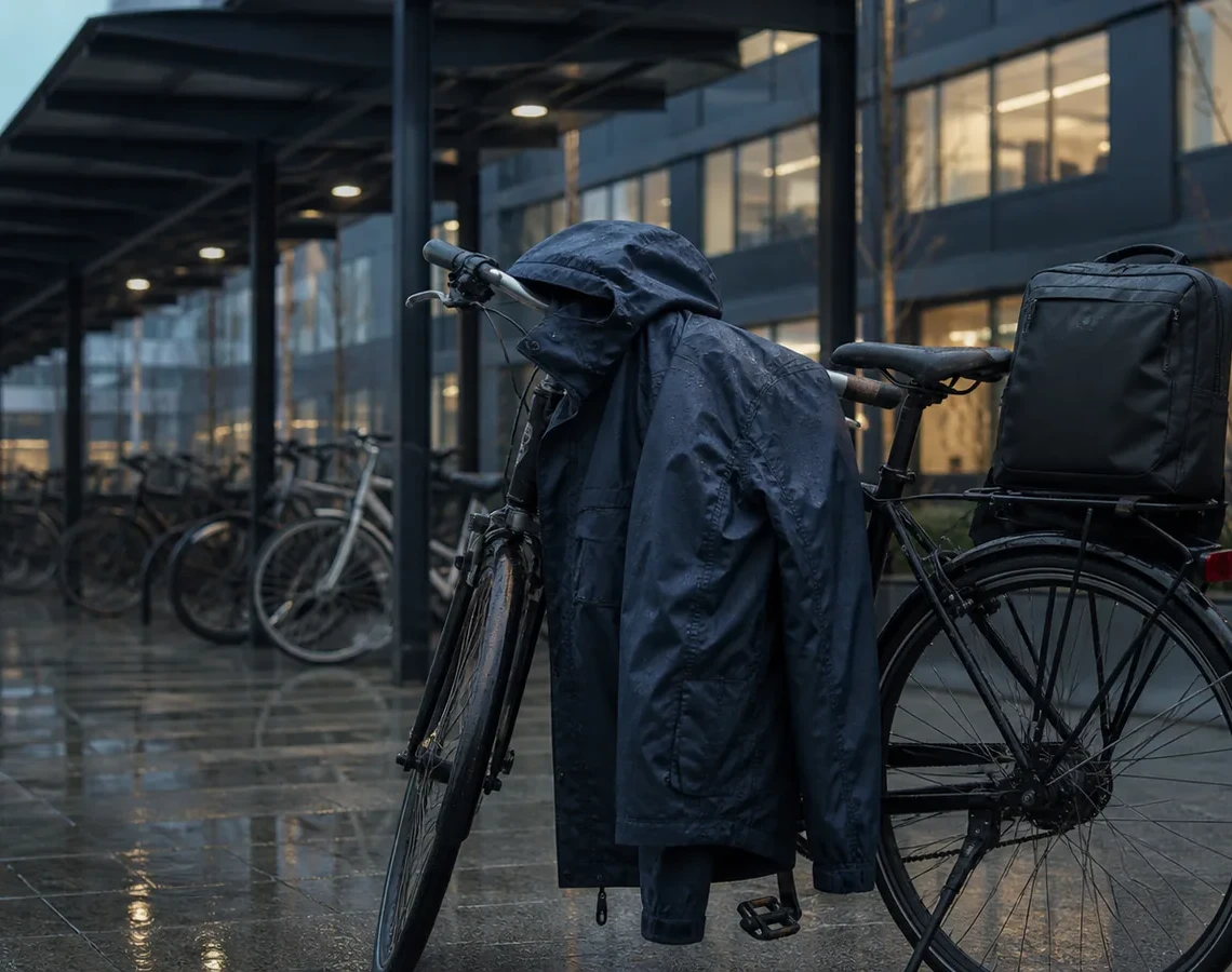 Navy regnjakke på sort cykel under et regnvådt kontorhalvtag