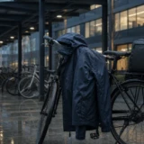 Navy regnjakke på sort cykel under et regnvådt kontorhalvtag