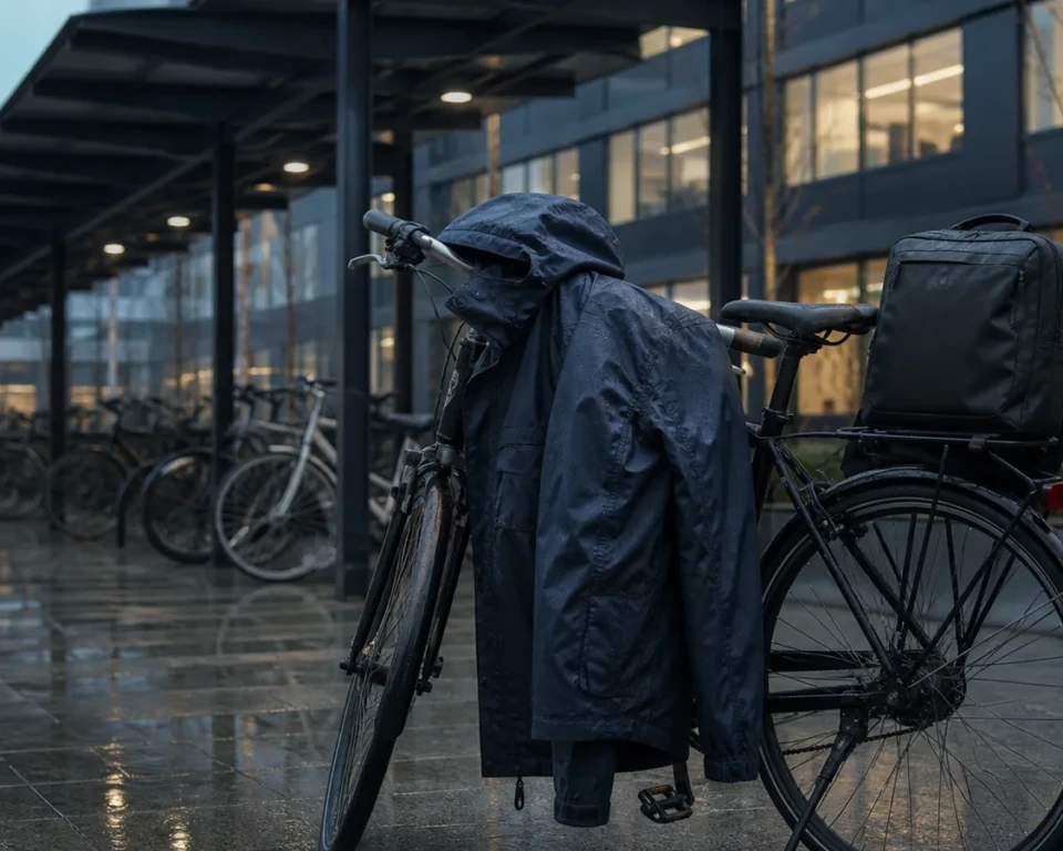 Navy regnjakke på sort cykel under et regnvådt kontorhalvtag