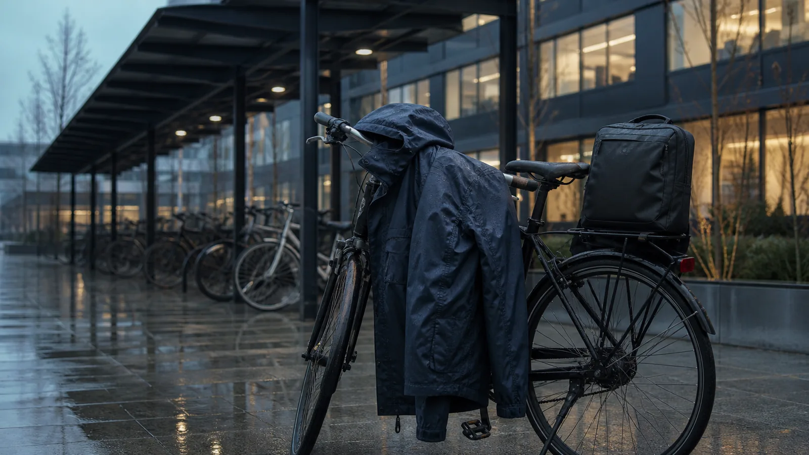 Navy regnjakke på sort cykel under et regnvådt kontorhalvtag