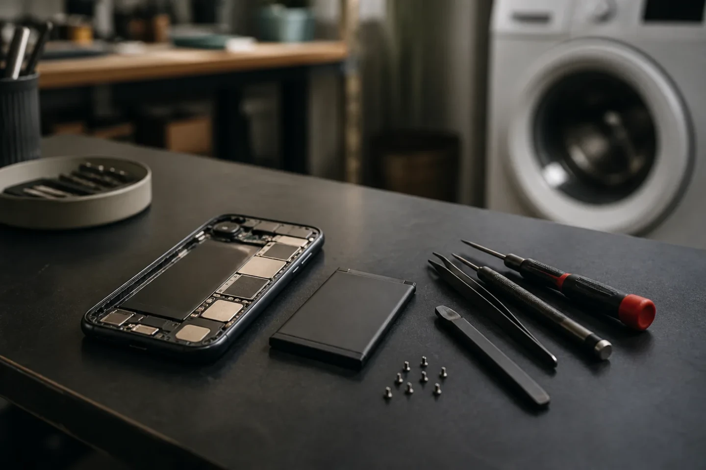 Åben smartphone med batteri og reparationsværktøj foran en vaskemaskine