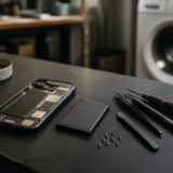 Åben smartphone med batteri og reparationsværktøj foran en vaskemaskine