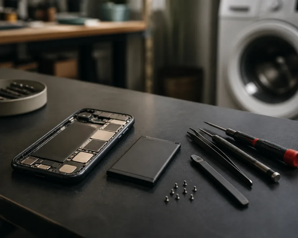 Åben smartphone med batteri og reparationsværktøj foran en vaskemaskine