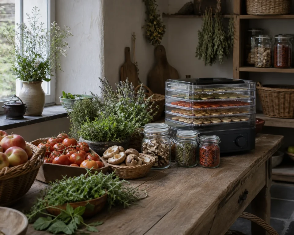 Sensommerens frugt, tomater, svampe og urter ved en dehydrator i et køligt forrådsrum