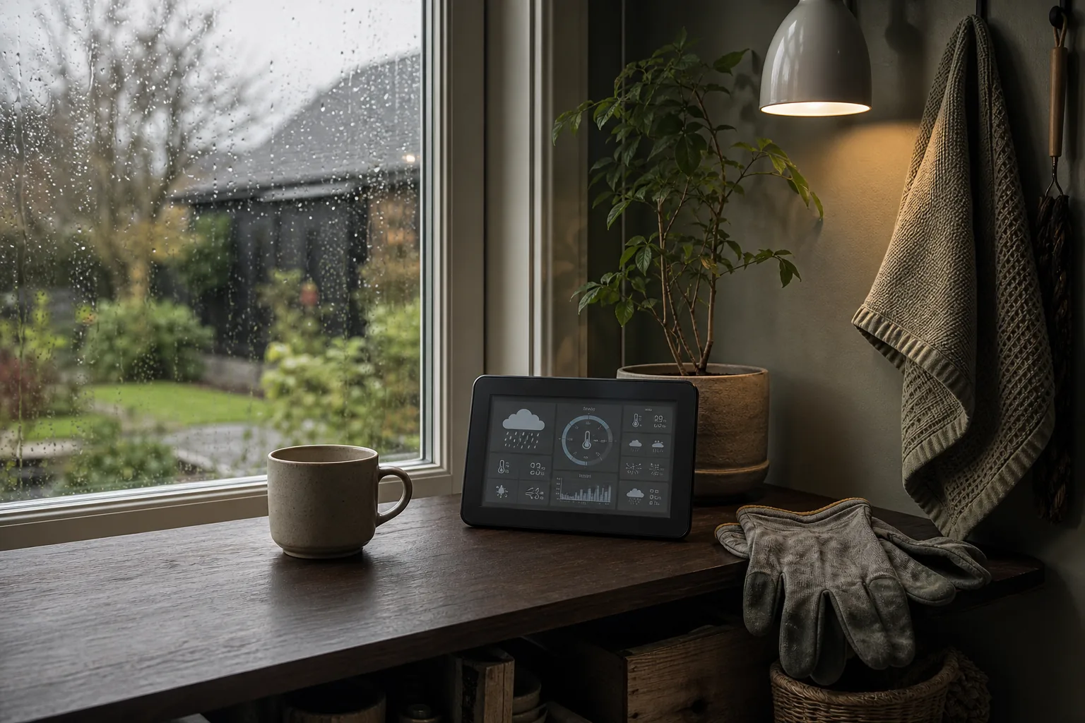 Vejrstationsdisplay på en træhylde ved et regnvådt vindue i et bryggers
