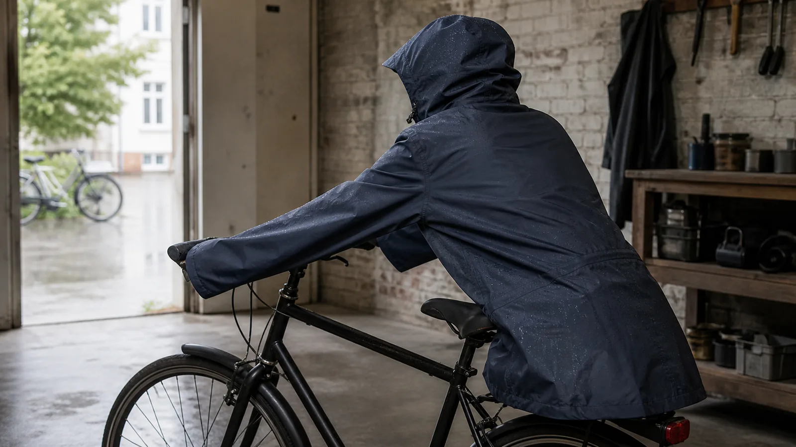 Navy regnjakke placeret over en citybike i fremadlænet cykelstilling