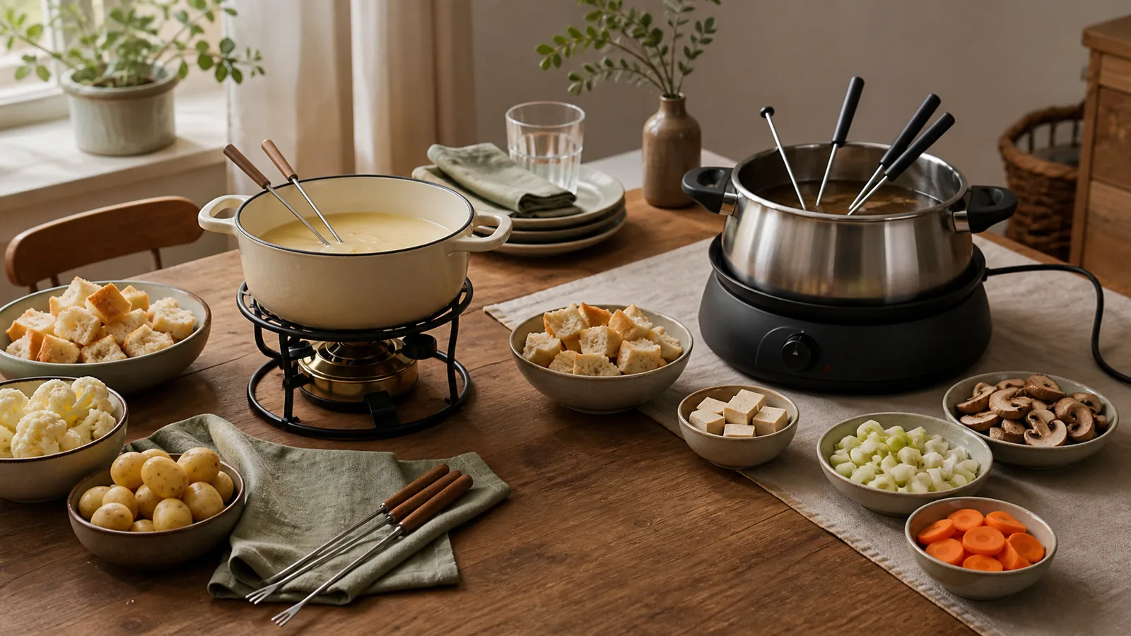 Klassisk fonduesæt med brænder ved siden af et elektrisk fonduesæt