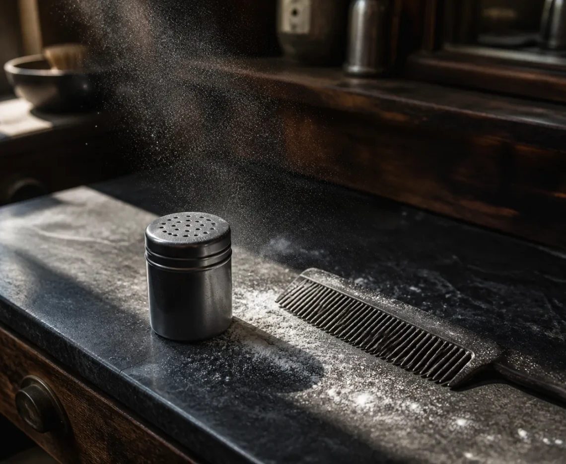 Ubrandet hårpudder og kam med fint pudder i morgensol på en mørk barbershopdisk