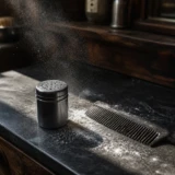 Ubrandet hårpudder og kam med fint pudder i morgensol på en mørk barbershopdisk