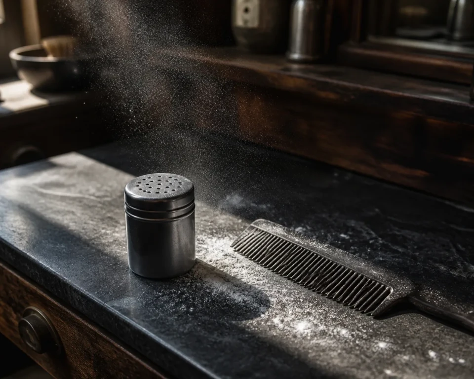 Ubrandet hårpudder og kam med fint pudder i morgensol på en mørk barbershopdisk