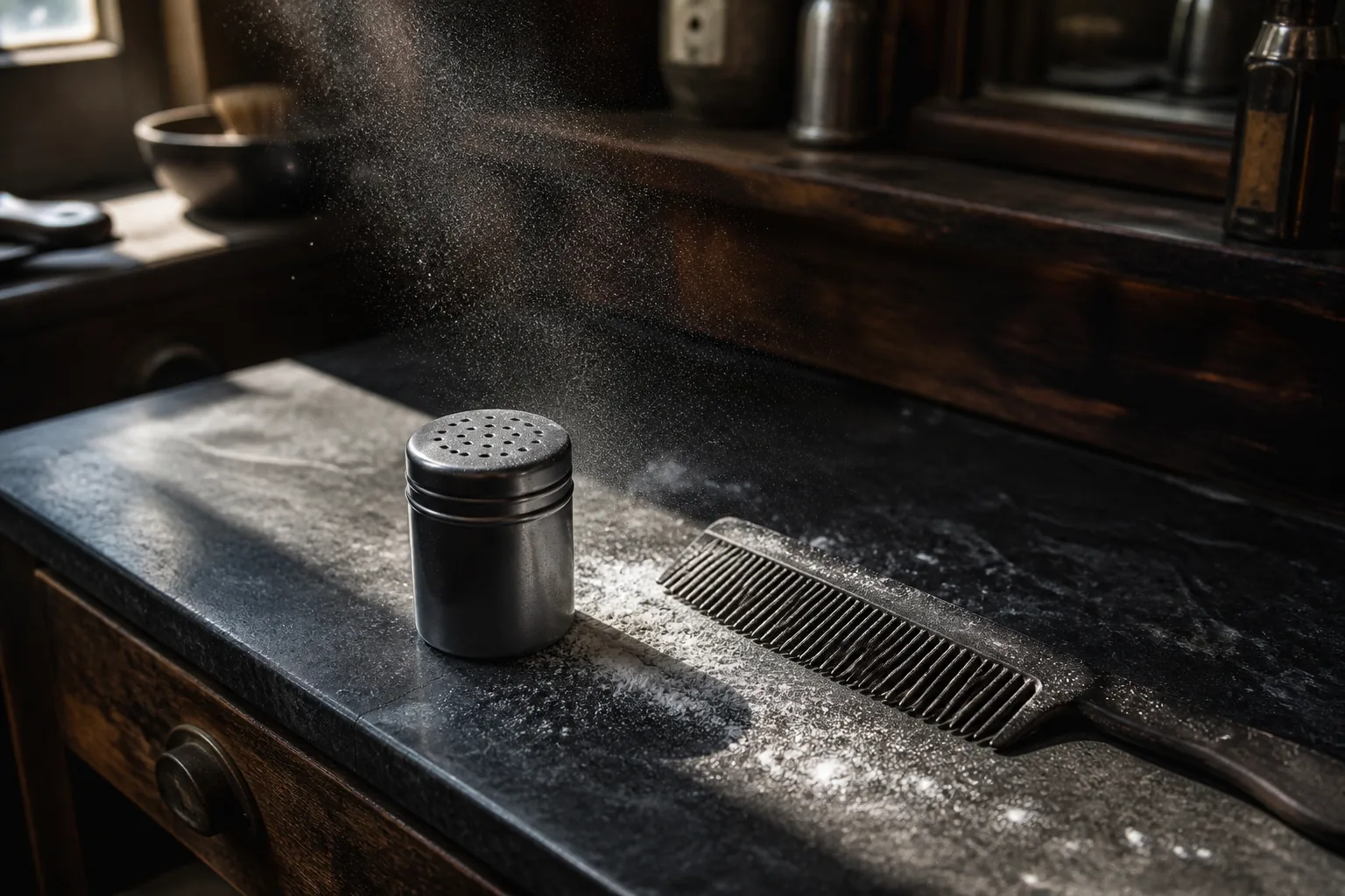 Ubrandet hårpudder og kam med fint pudder i morgensol på en mørk barbershopdisk