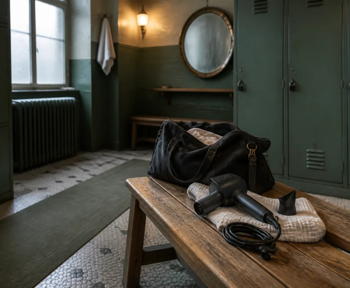 Hårtørrer på en bænk ved en åben weekendtaske i et omklædningsrum