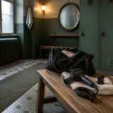 Hårtørrer på en bænk ved en åben weekendtaske i et omklædningsrum