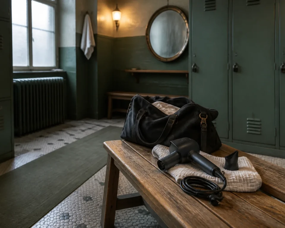 Hårtørrer på en bænk ved en åben weekendtaske i et omklædningsrum