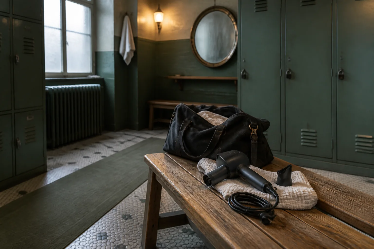 Hårtørrer på en bænk ved en åben weekendtaske i et omklædningsrum
